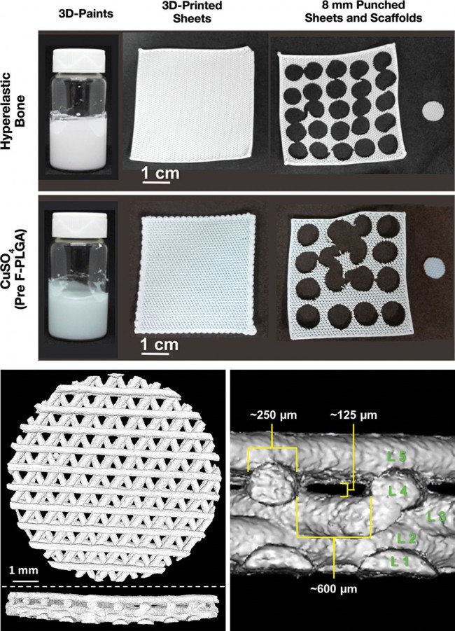 上图：超弹性骨和硫酸铜（CuSO4）材料，以及具有8mm直径的3D打印支架 ；左下图：8mm直径超弹性骨支架的微计算机断层扫描重建（自上而下和横截面视图）； 右下图：微型计算机断层扫描截面图的细节，突出了相关的尺寸和特征